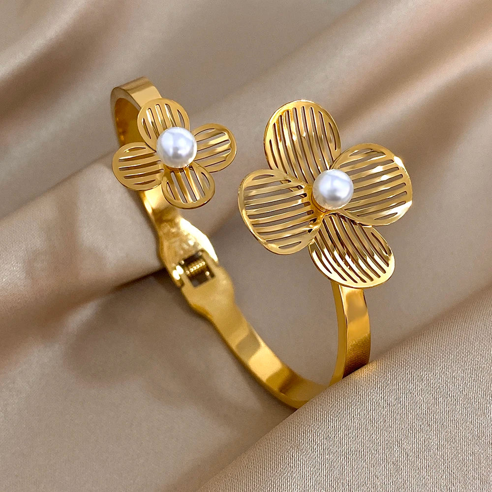 Bloom in Grace – Stainless Steel Double Flower Cuff Bracelet