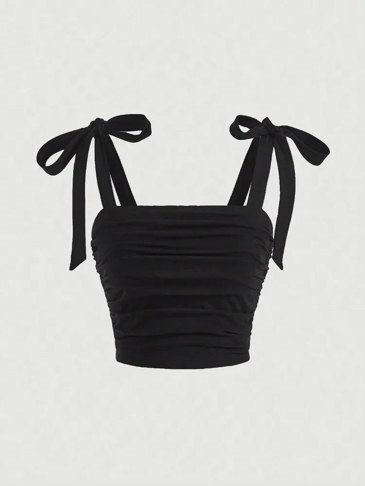 Solid Tie Shoulder Ruched Crop Top: A Y2K Summer Dream