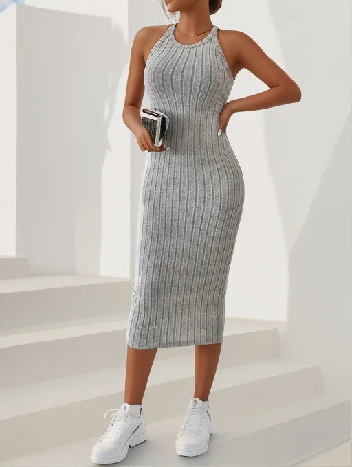 Chic Contour – Solid Halter Neck Bodycon Ribbed Knit Tank Dress for Women