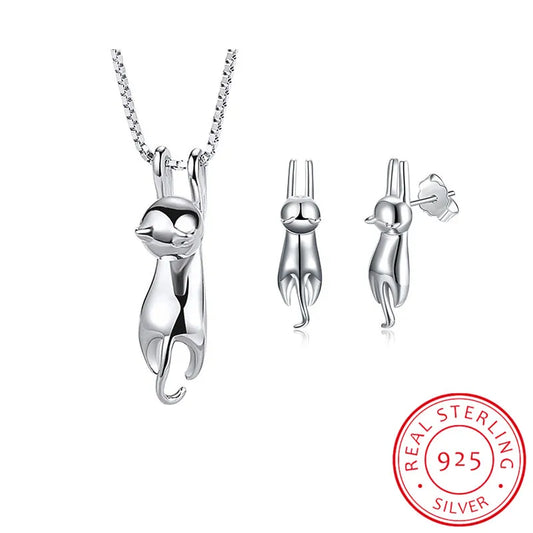 Cat's Charm – 925 Silver Cat Earrings & Necklace Set