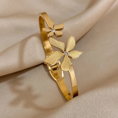 Bloom in Grace – Stainless Steel Double Flower Cuff Bracelet