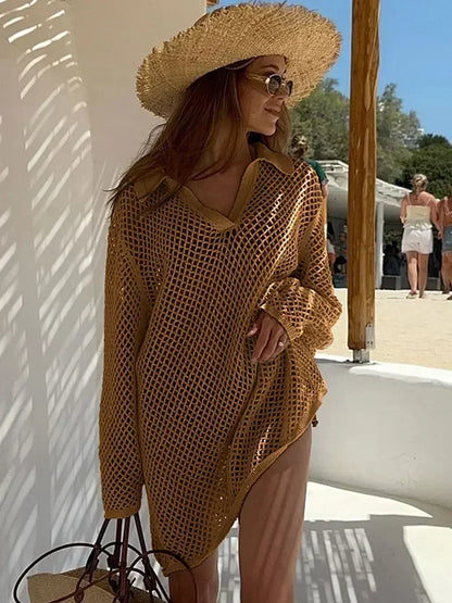 Golden Dune – Boho Hollow-Out Knit Midi Beach Dress
