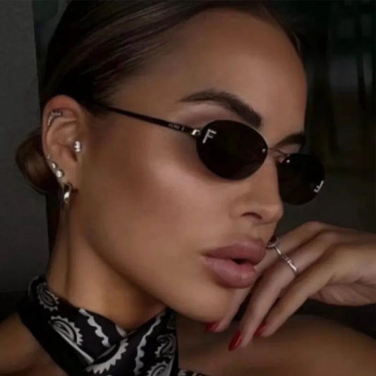 Diamond "F" Rimless Oval Sunglasses – Luxury Unisex Small Frame Shades | Livia & Co