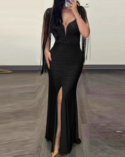 Elegant Sequin Ruched Evening Dress for Women – Sexy Slit Party Gown