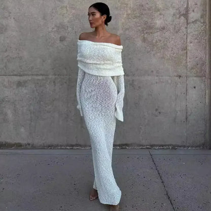 Starlit Reverie – Elegant Hollow-Out Off-Shoulder Knit Dress