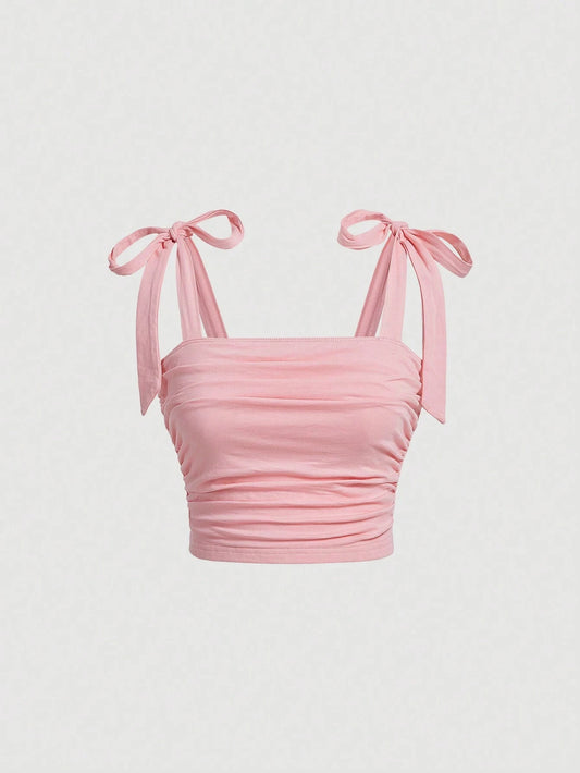 Solid Tie Shoulder Ruched Crop Top: A Y2K Summer Dream