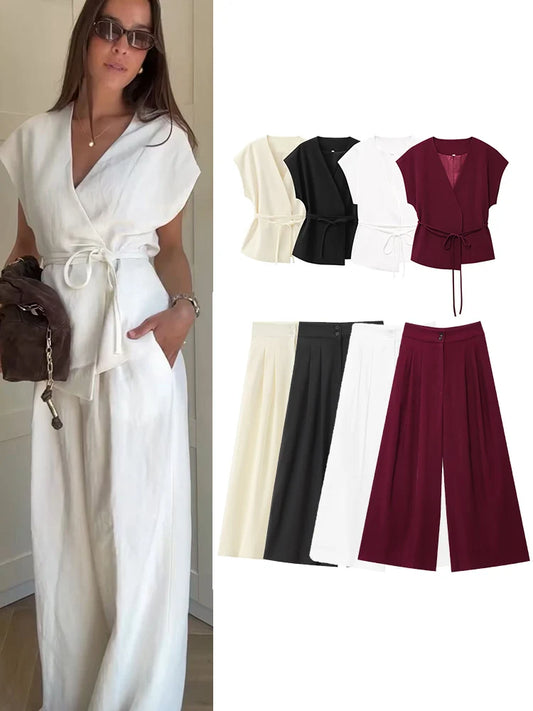 Women’s Sleeveless V-Neck Top & Straight Pants Two Piece Set with Belt