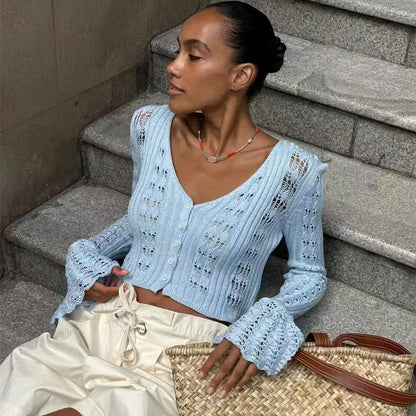 Starlit Dusk – Hollow Knit Slim Cardigan for Summer Evenings