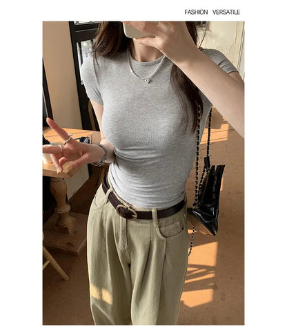 Basic Solid Crop Top Short Sleeve Crewneck Skinny T-shirt: A Whisper of Summer Elegance