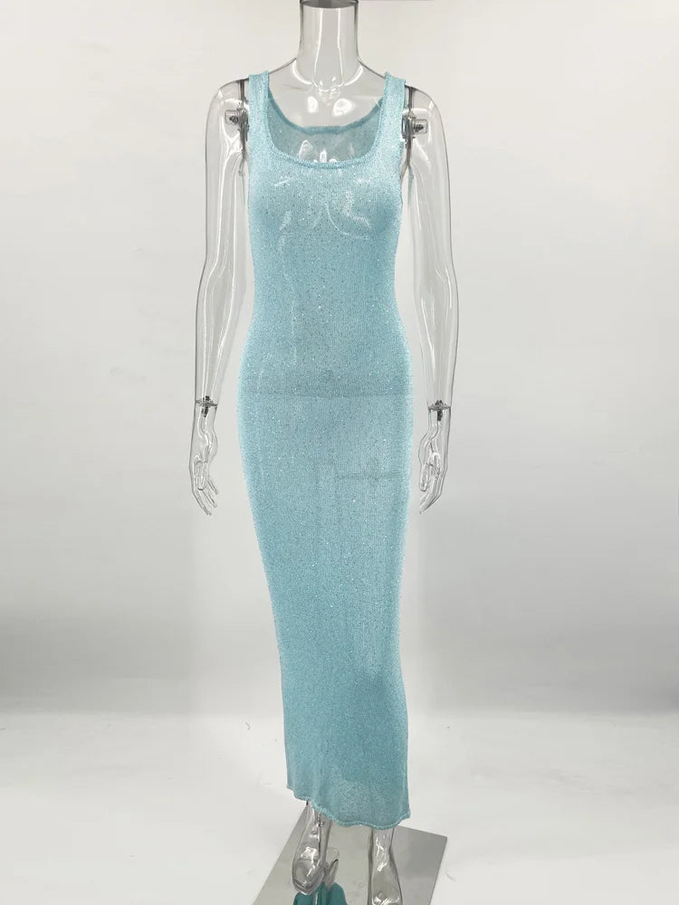 Starlit Muse – Sequin Sheer Scoop Neck Maxi Dress