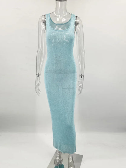 Starlit Muse – Sequin Sheer Scoop Neck Maxi Dress