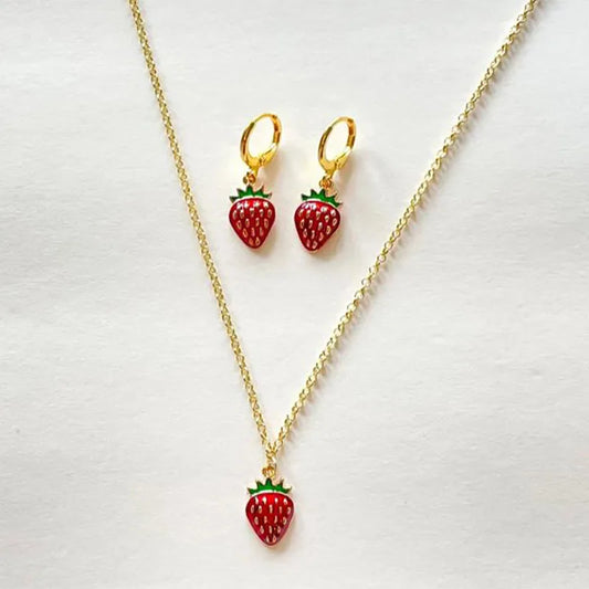 Sweetberry Delight: Strawberry Necklace & Earrings Set - Y2K Indie Jewelry