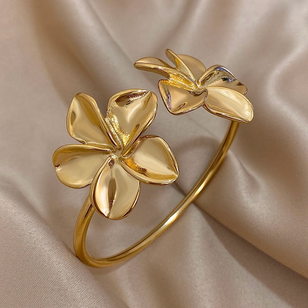 Bloom in Grace – Stainless Steel Double Flower Cuff Bracelet