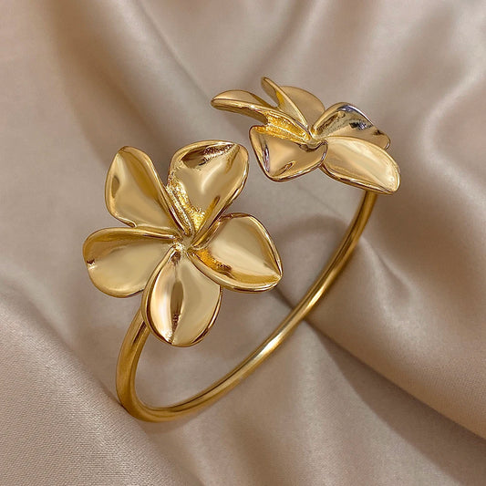 Bloom in Grace – Stainless Steel Double Flower Cuff Bracelet