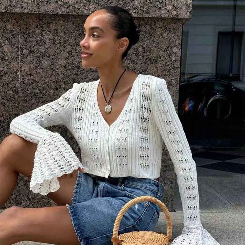 Starlit Dusk – Hollow Knit Slim Cardigan for Summer Evenings