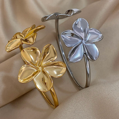 Bloom in Grace – Stainless Steel Double Flower Cuff Bracelet