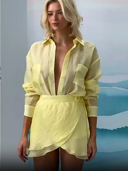 Yellow Turn-Down Collar Shirt & Bandage Mini Skirt Co-ord Outfit Summer Beachwear
