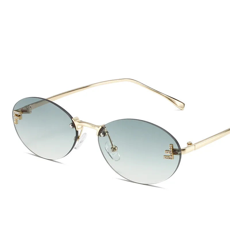 Diamond "F" Rimless Oval Sunglasses – Luxury Unisex Small Frame Shades | Livia & Co