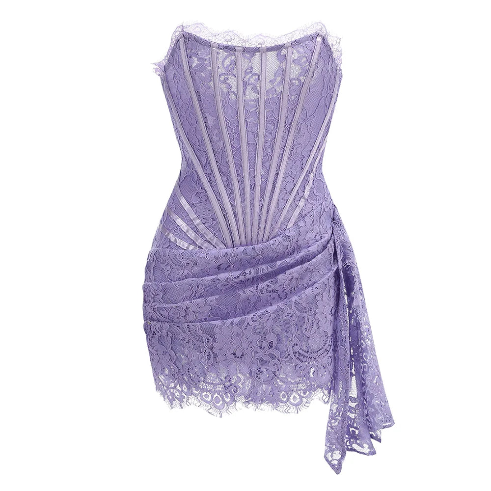 Midnight Bloom – Sheer Lace Strapless Evening Dress