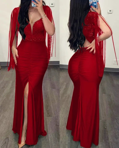 Elegant Sequin Ruched Evening Dress for Women – Sexy Slit Party Gown
