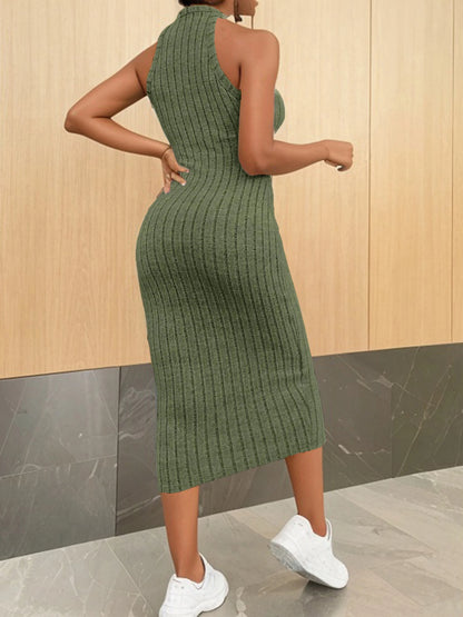 Chic Contour – Solid Halter Neck Bodycon Ribbed Knit Tank Dress for Women