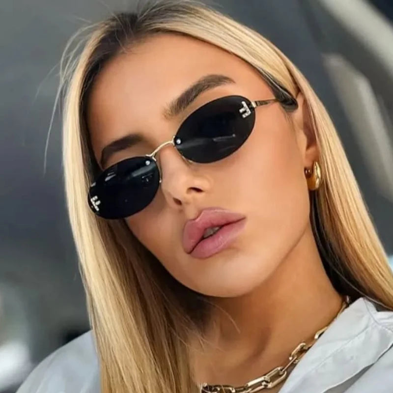 Diamond "F" Rimless Oval Sunglasses – Luxury Unisex Small Frame Shades | Livia & Co