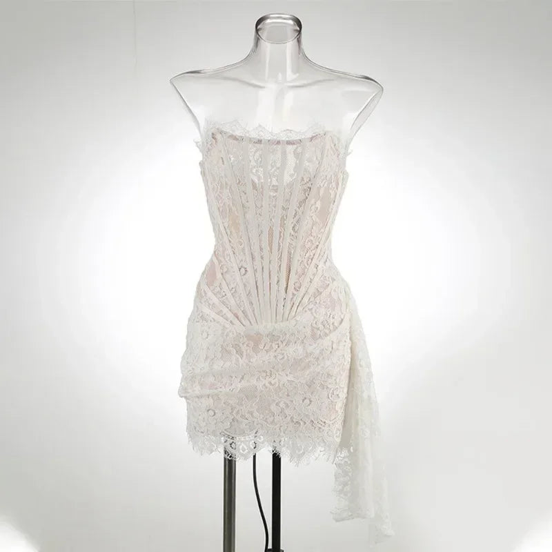 Midnight Bloom – Sheer Lace Strapless Evening Dress