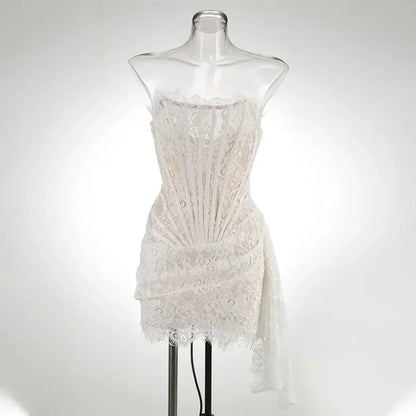Midnight Bloom – Sheer Lace Strapless Evening Dress