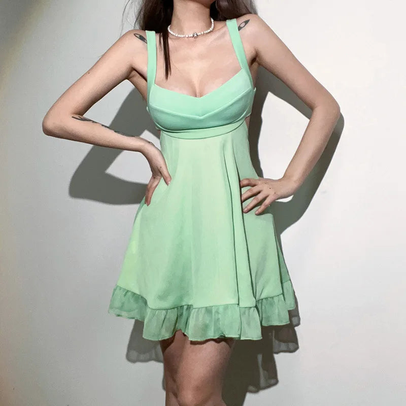 Whispers of Grace – Elegant Solid Color Cutout Ruffle Dress, Sexy Backless Slim Sling Dress