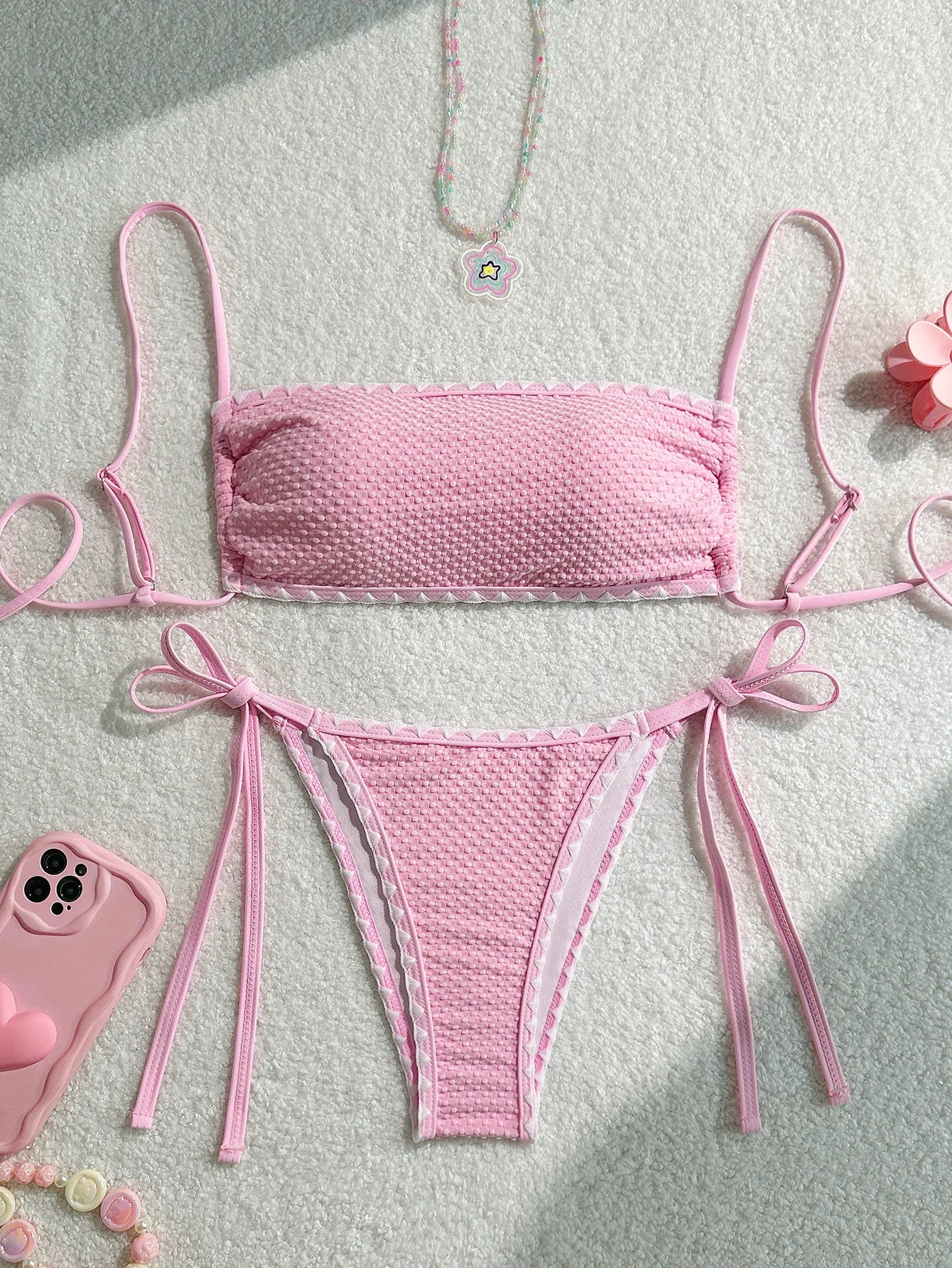 Sunkissed Mirage – White Strapless Lace-Up Bikini Set