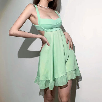 Whispers of Grace – Elegant Solid Color Cutout Ruffle Dress, Sexy Backless Slim Sling Dress