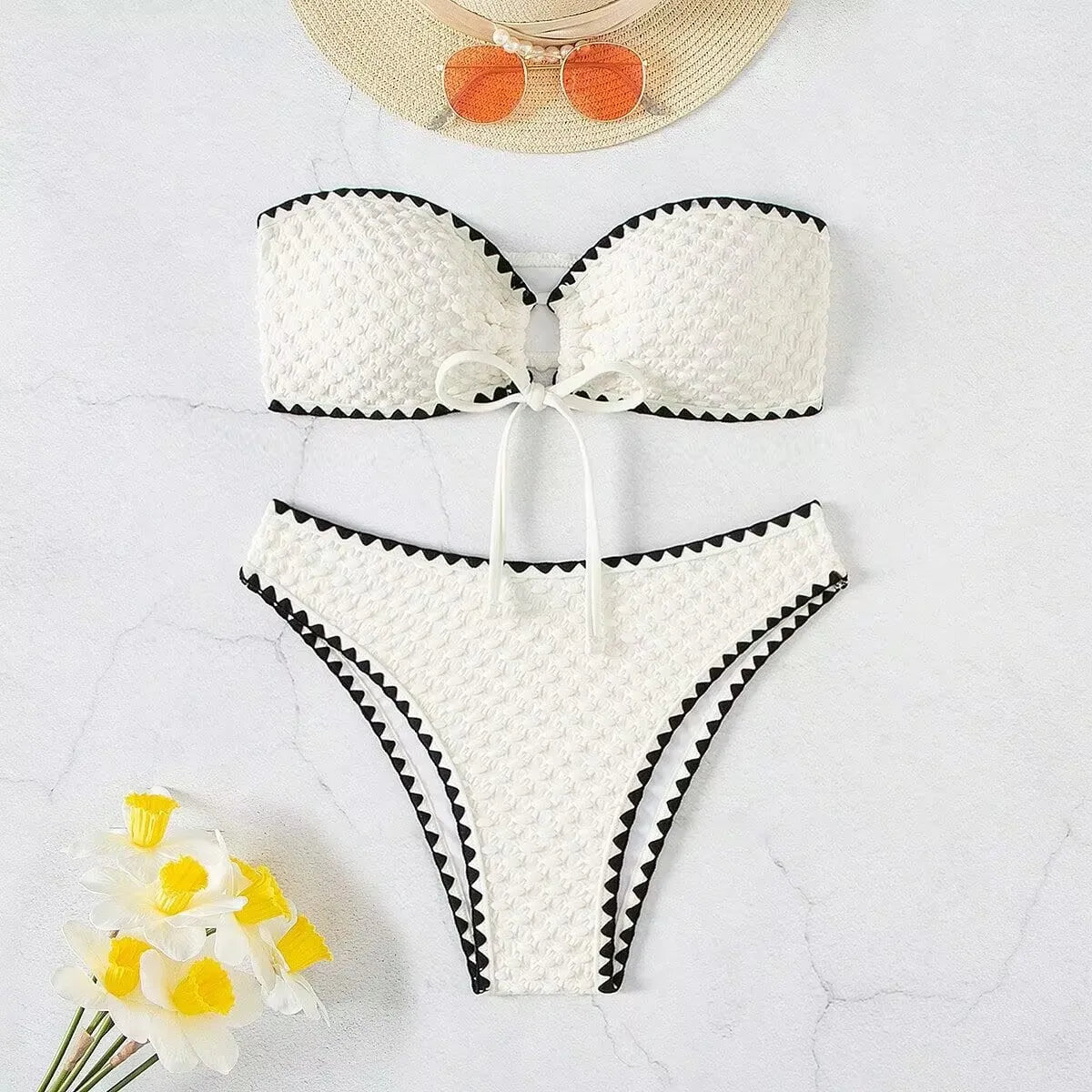 Sunkissed Mirage – White Strapless Lace-Up Bikini Set