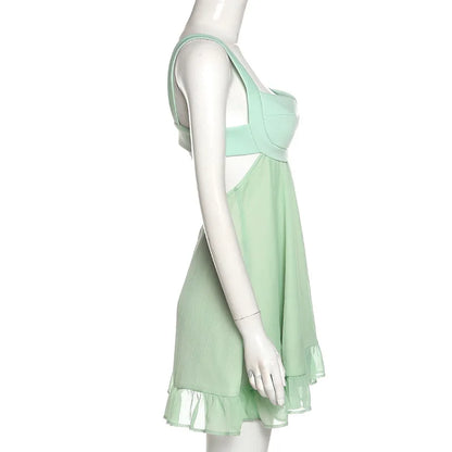 Whispers of Grace – Elegant Solid Color Cutout Ruffle Dress, Sexy Backless Slim Sling Dress