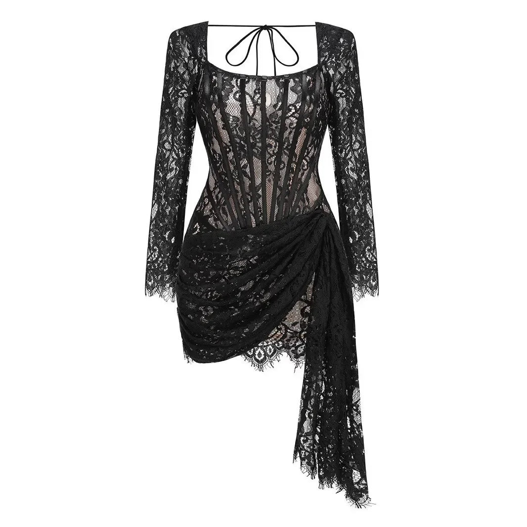 Midnight Bloom – Sheer Lace Strapless Evening Dress