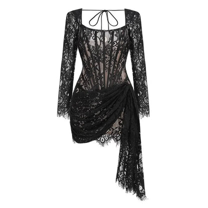 Midnight Bloom – Sheer Lace Strapless Evening Dress
