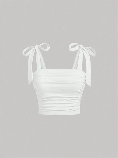 Solid Tie Shoulder Ruched Crop Top: A Y2K Summer Dream