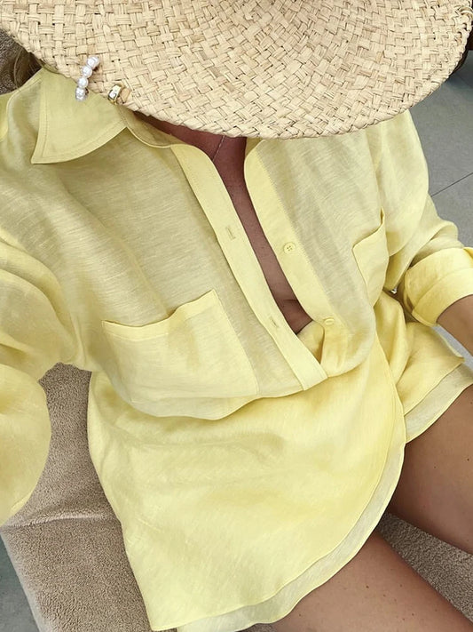Yellow Turn-Down Collar Shirt & Bandage Mini Skirt Co-ord Outfit Summer Beachwear