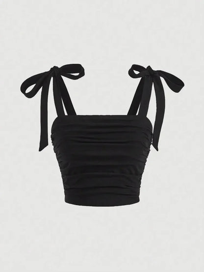 Solid Tie Shoulder Ruched Crop Top: A Y2K Summer Dream